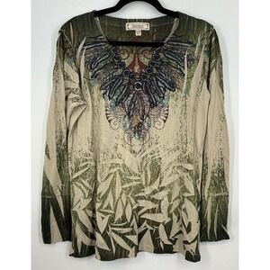 Decree XL Long Sleeve Statement Graphic Top Green Cream Bamboo Nature Print